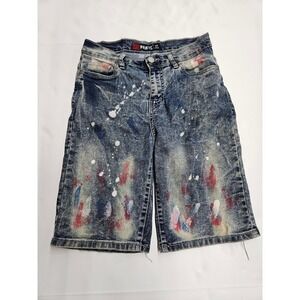 PANYC Classic Fresh Boys Paint Splatter Acid Wash Denim Shorts Blue Size 14
